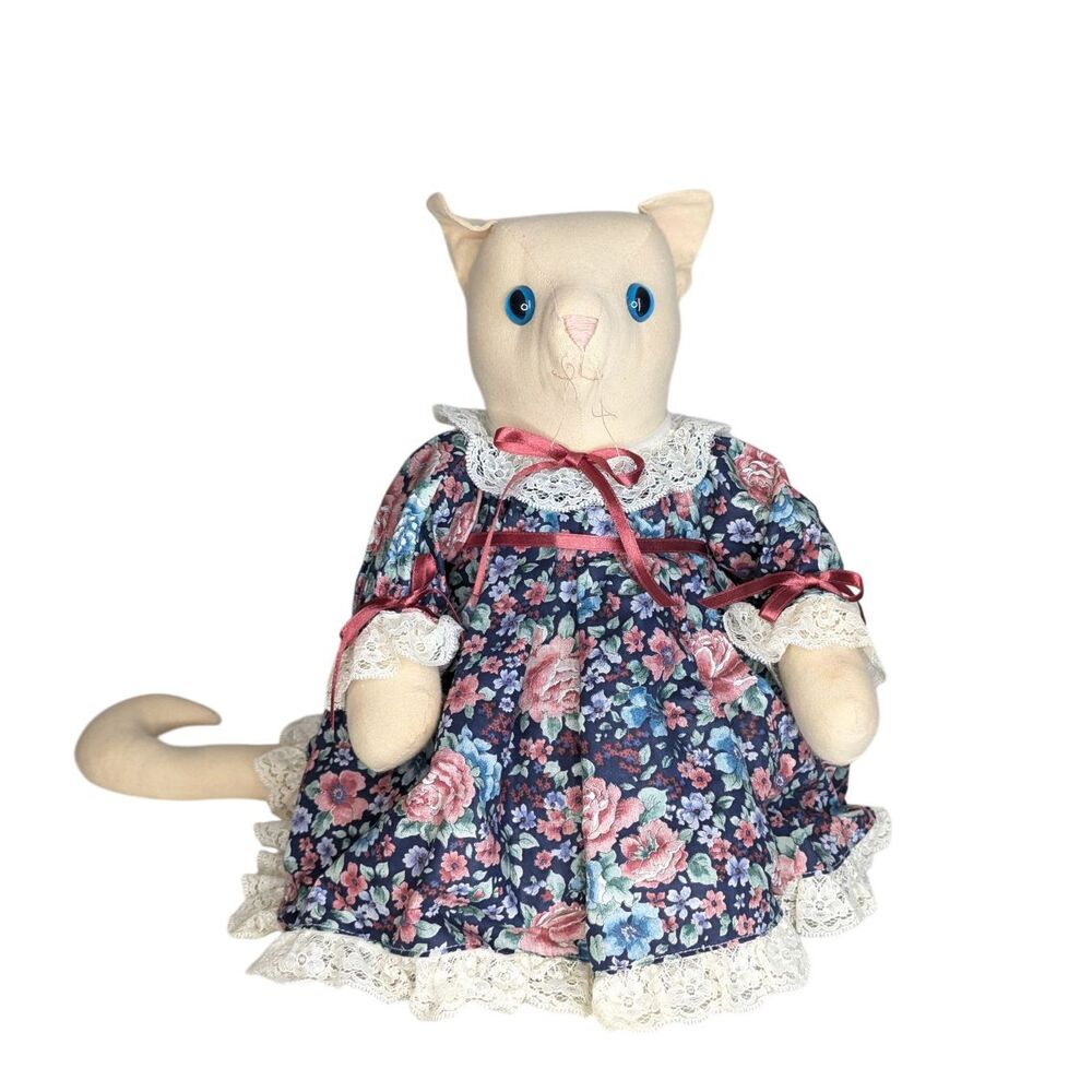 Vintage Handmade Cat Doll With Lacey Dress Grandma Cottage 80s Decorative